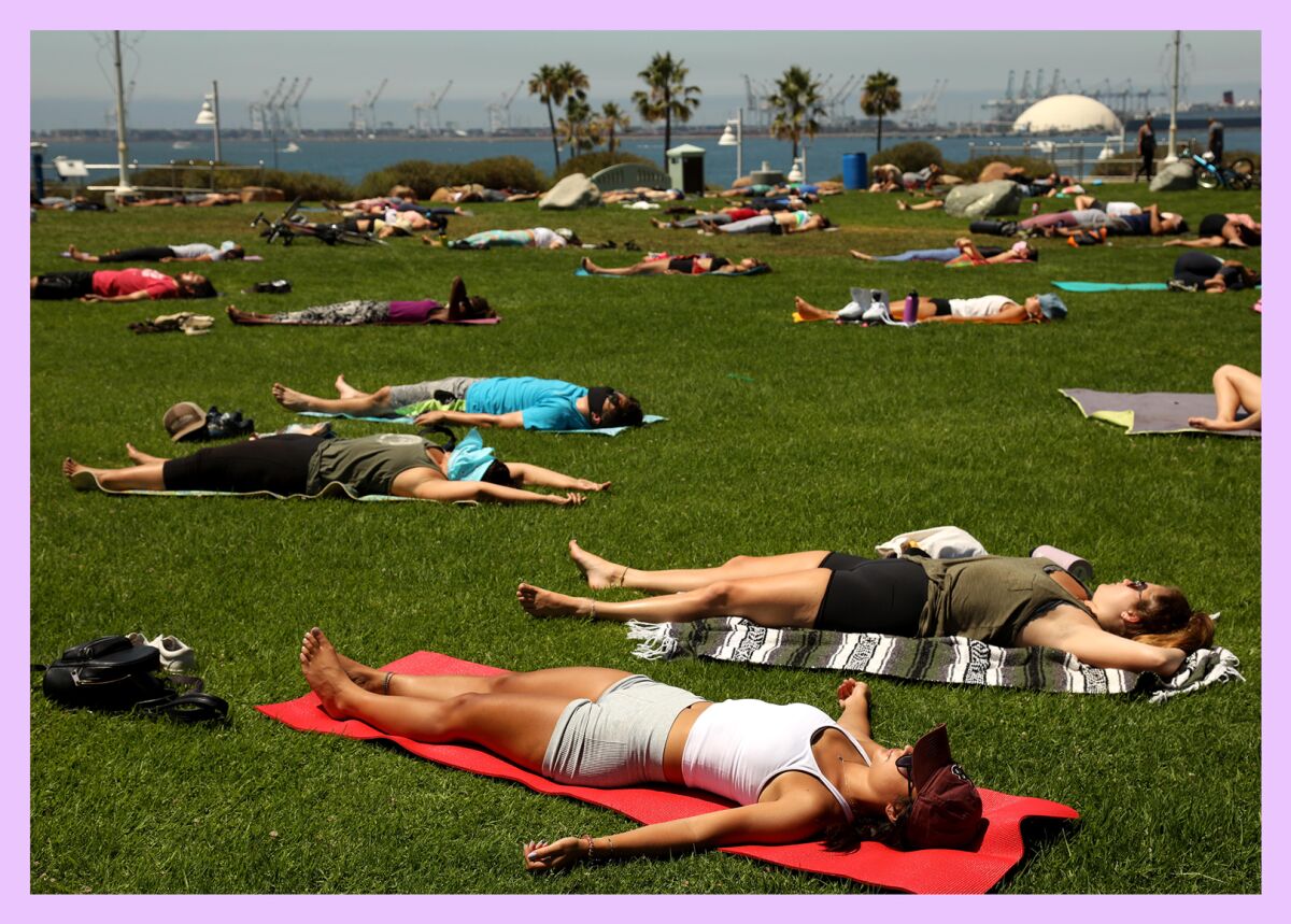 People practice the yoga pose Shavasana on the grass
